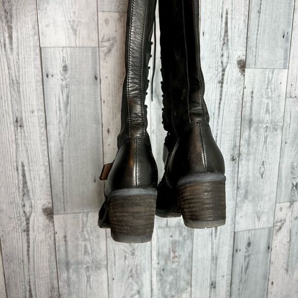 Donald J Pliner black leather distressed patch lace up tall Dnali boots size 8.5 - Picture 12 of 13